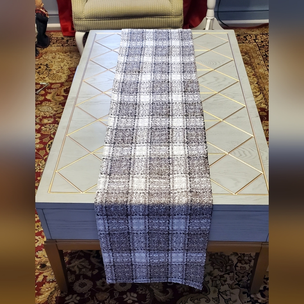 Maxi Plaid Jacquard Gray White Brown Silver Lurex Table Runner. 13" X 72".